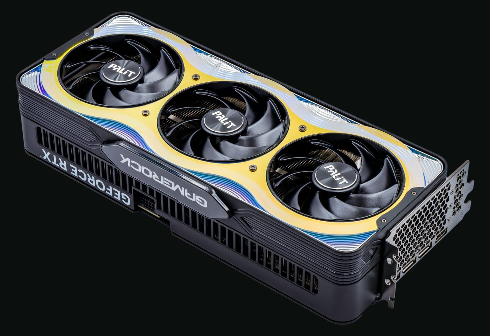 A Palit GeForce RTX 5090 GameRock graphics card with three fans, viewed from the fan side.